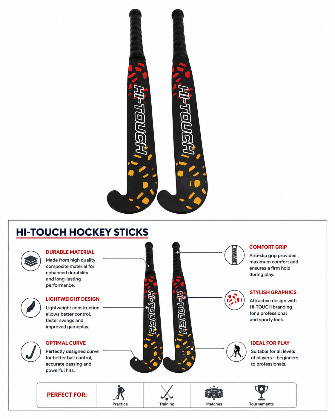 HI-TOUCH Fiber Hockey Stick - Training & Match Stick
