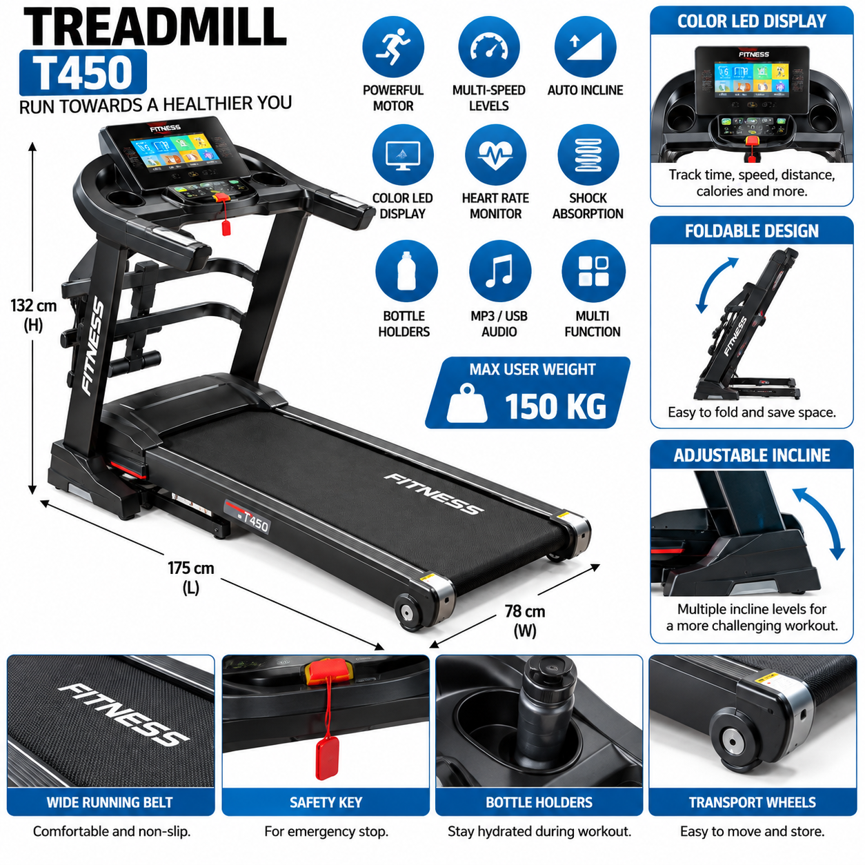 Compact Folding Treadmill - Home Fitness Running Machine